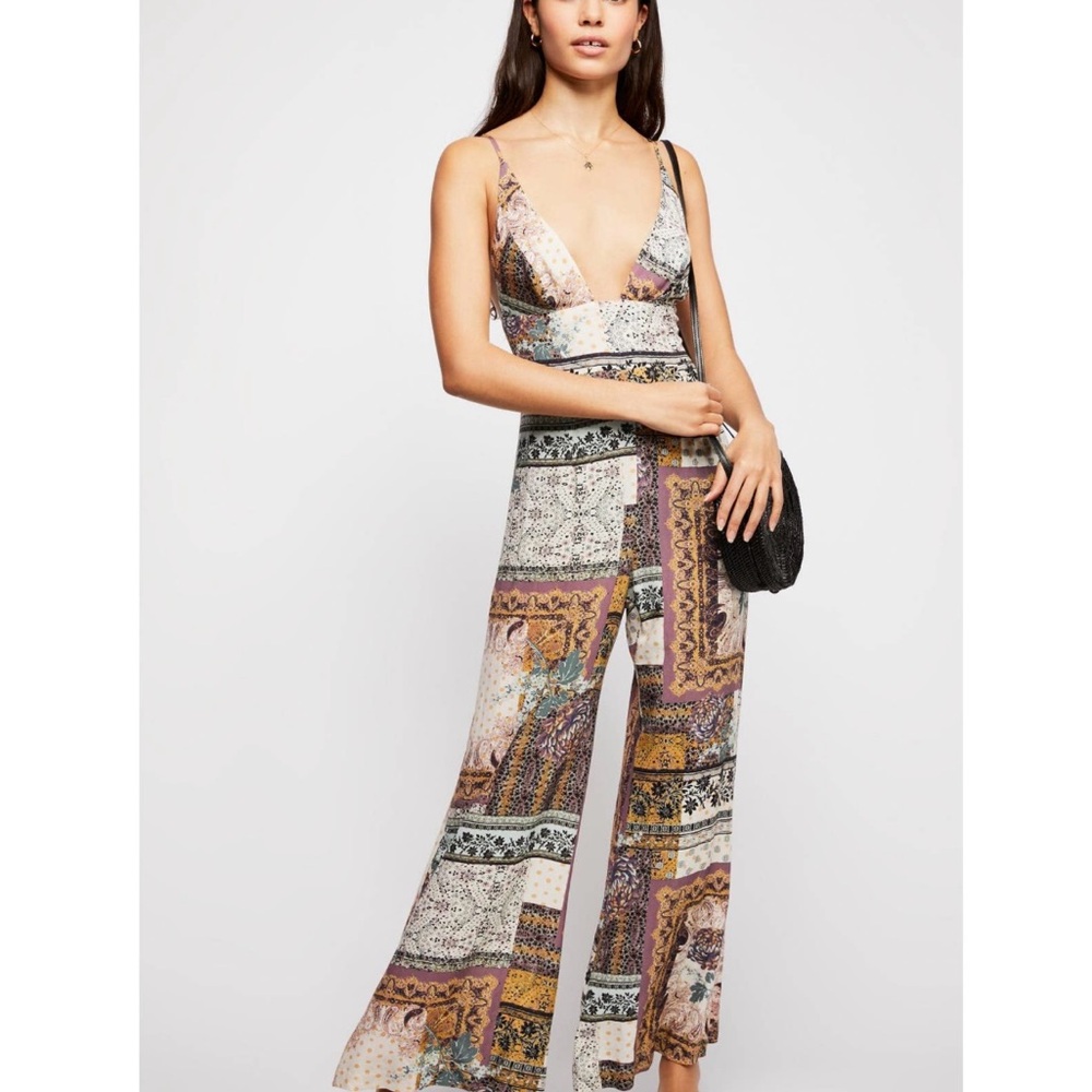 Free People Margarita Patchwork Jumpsuit in Ivory Combo Size 6